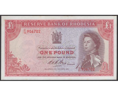 Reserve Bank of Rhodesia, £1, 15 June 1966, serial number K/30 906702, slight foxing, otherwise about uncirculated to uncircu