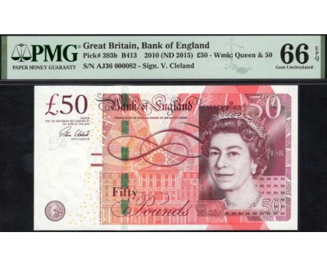Bank of England, Victoria Cleland, £50, 3 March 2015, serial number AJ36 000082, in PMG holder 66 EPQ, gem uncirculated, a sc