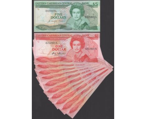 Eastern Caribbean Central Bank, $1 (11), ND (1988), suffix K (2), suffix L, suffix U (8), Jacobs signature, $5, ND (1988), se