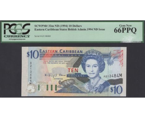Eastern Caribbean Central Bank, $10 (2), ND (1994), both prefix A and Suffix M for Montserrat), also $5 and $10, ND (2001), b