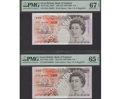 Bank of England, Graham E. A. Kentfield, £10 (2), 1993, serial numbers DD01 000082 and KK99 000082, in PMG holders 67 EPQ and