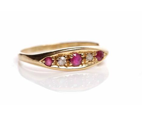 VICTORIAN RUBY AND DIAMOND FIVE STONE RINGset with alternating rubies and diamonds, in a boat shaped setting, hallmarked eigh