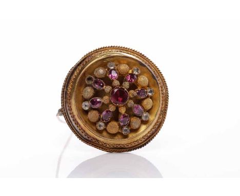 VICTORIAN GEM SET BROOCHof circular form, set with pink and white gems, with a hair work panel to the reverse