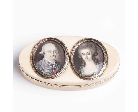 FINE EIGHTEENTH CENTURY IVORY PATCH BOXthe lid set with two oval portrait miniatures depicting a lady and gentleman in period