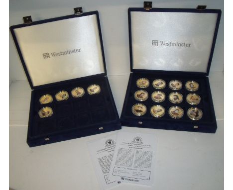 Seventeen Westminster 'The History Of the Royal Family' coloured portrait collection one dollar gold plated coins in fitted c