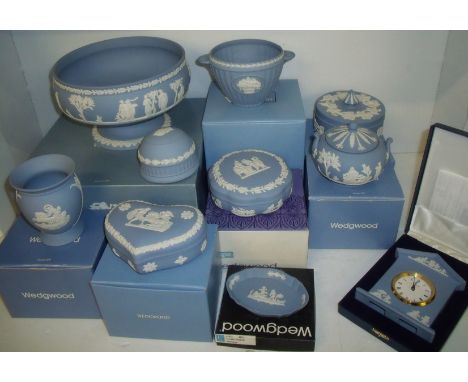 Selection of Wedgwood jasper ware including Bacchus bowl, Apollo vase, fluted flower vase, rose hip posy pot, pin dish, lidde