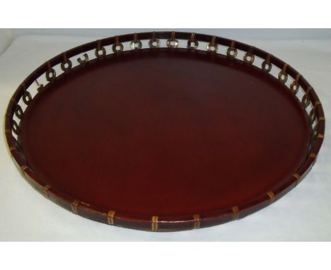Large circular lacquered tray with mother of pearl discs and cane work gallery (diameter 49cm)