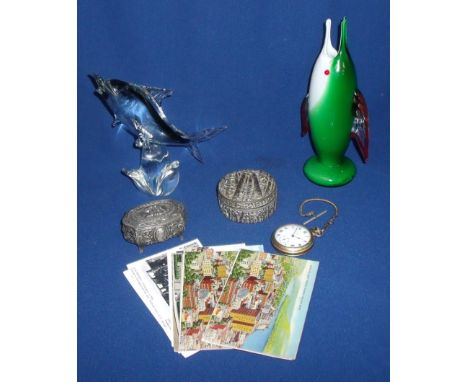 Two glass animals, brass Smiths open face pocket watch, two pewter trinket pots and a small selection of assorted USA postcar