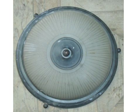 Early to mid 20th C frosted fluted glass centre ceiling light fitting with metal mounts