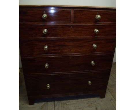Large late 19th C mahogany chest of two short above four long graduating depth drawers with brass handles on raised bracket f