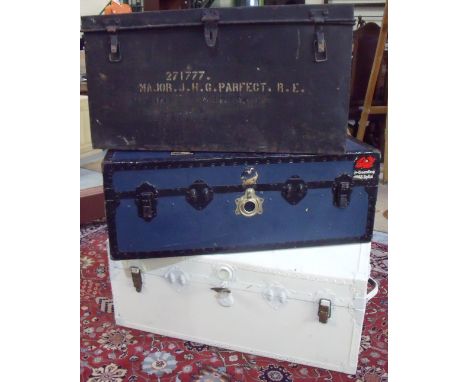 Blacked metal military style trunk and two others (3)