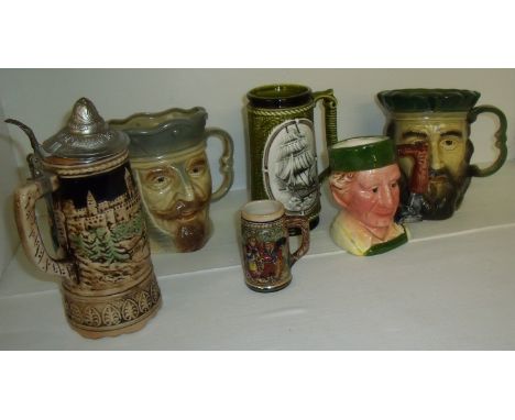 Two Kingston Pottery Toby jugs 'William I' and 'Henry I', small Toby jug 'The Cobbler', stein with white metal lid and tall j