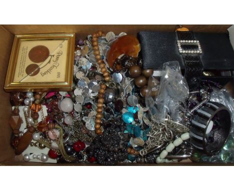 Selection of costume jewellery including beads, bangles, mother of pearl necklaces, jewellery box etc.