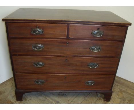 19th C mahogany chest of two short above three long drawers with boxwood inlaid stringing and oak lined drawers on raised bra