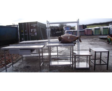 Selection of various assorted stainless steel commercial kitchen prep tables, shelf units etc.