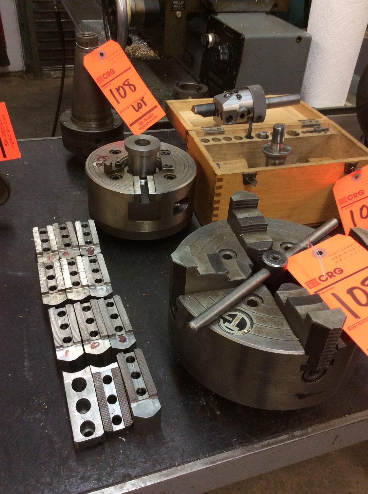 Lot includes (3) drill chucks, (1) 4jaw, (1) 3jaw tapered, (1) 2