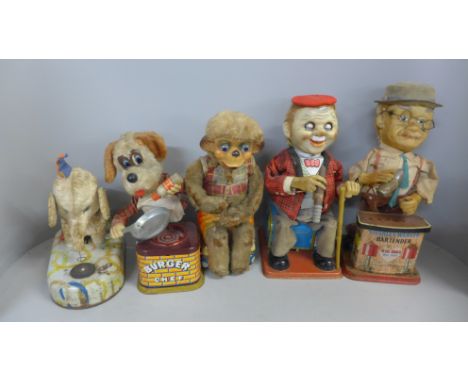 Vintage tin-plate mechanical battery operated toys including Bar Tender, Elephant and Monkey Smoker 