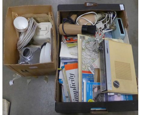 Two boxes, maps, teaware, Philips clock radio, hair dryers, etc., (electricals for show) **PLEASE NOTE THIS LOT IS NOT ELIGIB