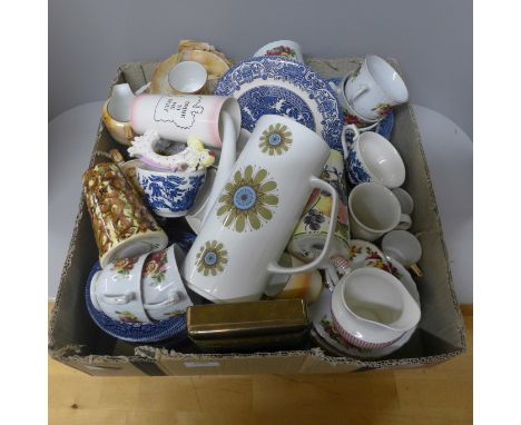 A collection of china, blue and white Willow pattern, two shakers, an oriental tea service, Royal Norfolk Rose pattern tea wa