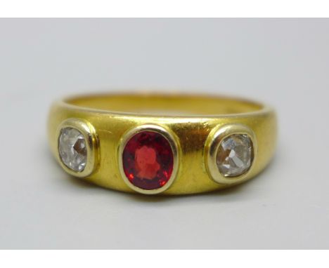 An 18ct gold, ruby and diamond ring, 6.4g, P, diamonds approximately 0.25ct weight each 