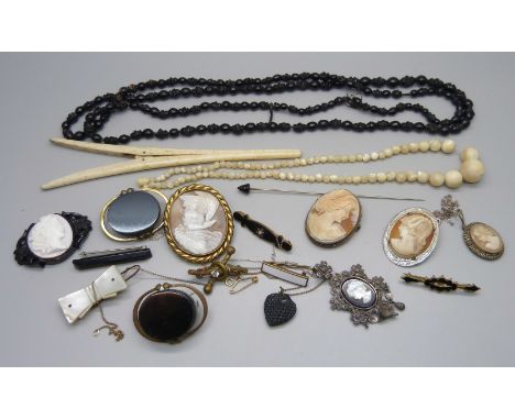 Jet and other vintage jewellery, cameo brooches, etc., (one brooch lacking pin) 