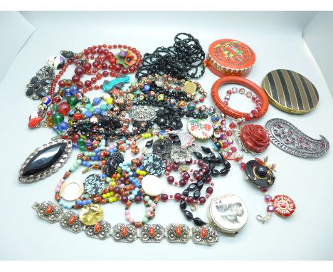 Costume jewellery including faceted bead necklaces, Stratton compact, etc. 