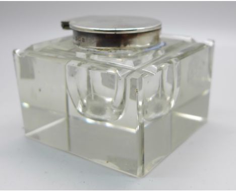 A silver topped cut glass inkwell, Birmingham 1931 