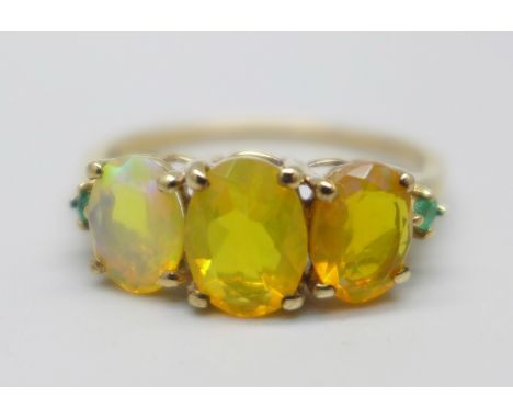 A 9ct gold, Ethiopian opal and emerald ring, 2.4g, S, with certificate 