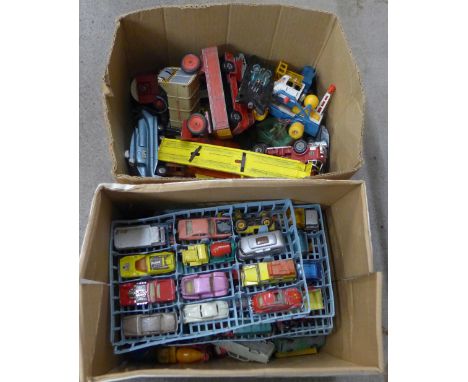 A box of early Matchbox die-cast model vehicles, playworn and a box of mixed Corgi and Dinky including SPV, UFO Interceptor, 