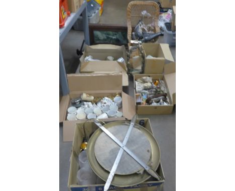 Five boxes of mixed china, teawares, commemorative crested china, two wooden framed prints, a camera tripod, small whicker ch