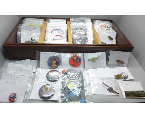 A collection of over 80 vintage and later pin badges, Batman, James Bond and Discworld, sorted and dated 