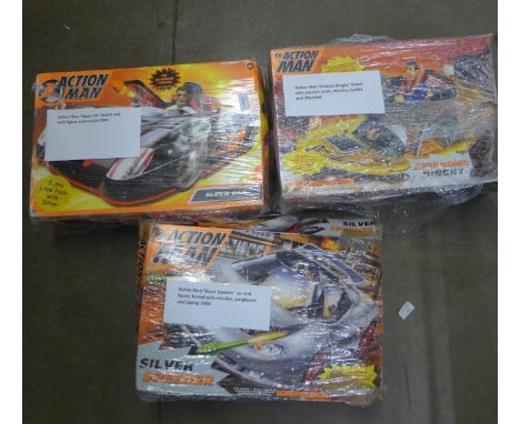 An Action Man Amazon Dinghy, boxed with mission cards, missiles, leaflet and life jacket, an Action Man Silver Speeder car an