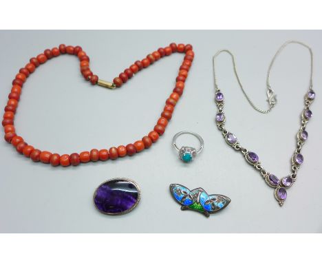 A coral necklace, a silver and enamel brooch, Birmingham 1909, enamel a/f, a Blue John brooch, a silver and amethyst necklace
