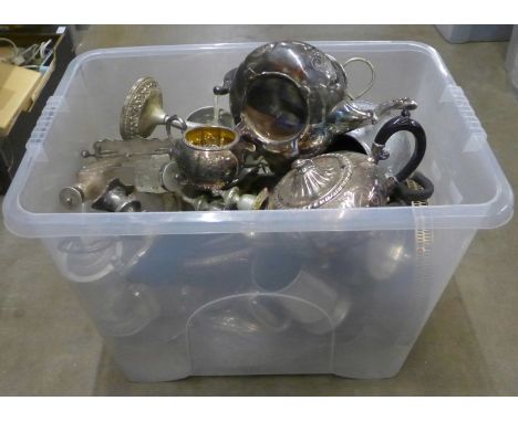 A box of plated ware, tea service, several trays, candelabra, mugs, condiment stands, etc. **PLEASE NOTE THIS LOT IS NOT ELIG