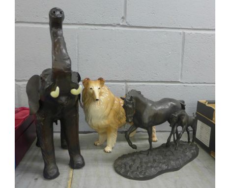 A resin sculpture of two horses, a/f, a model of an African elephant and a model of a dog **PLEASE NOTE THIS LOT IS NOT ELIGI
