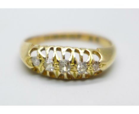 A vintage 18ct gold, five stone diamond ring, Chester 1915, 2.5g, N 