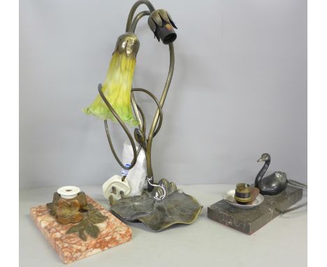 An Art Nouveau style table lamp, Art Deco style lamp, Art Deco table lamp both lacking one shade and an Art Nouveau inkwell o