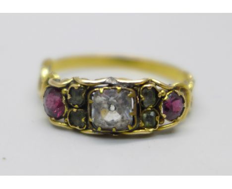 A antique yellow metal set multi-gem ring, 1.6g, R 