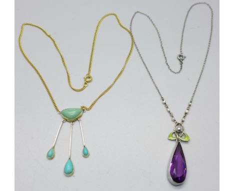 Two necklets; one marked sterling and set with a purple stone, pearls and with enamel detail and one turquoise set in white m