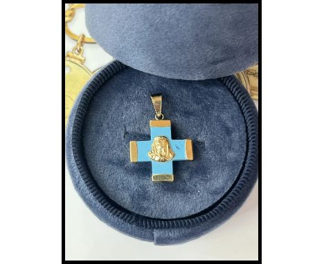 Vintage 14K yellow Gold Mary Cross Turquoise color stone Charm, Pendant.                   Metal: 14K Yellow Gold Weight: 1.7