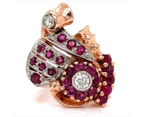 Retro 14K Rose Gold Ruby &amp; Diamond Ring.           Weighing 12.4 grams Set with app. 1.75 Ct. of Rubies Along with 2 Old 