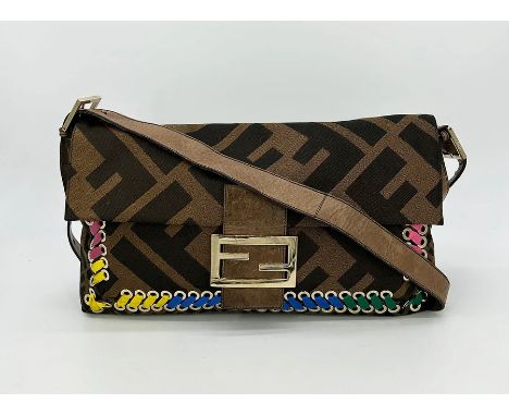 Fendi Zucca Canvas Rainbow Whipstitch XL Baguette in very good condition. Signature zucca monogram print canvas trimmed with 