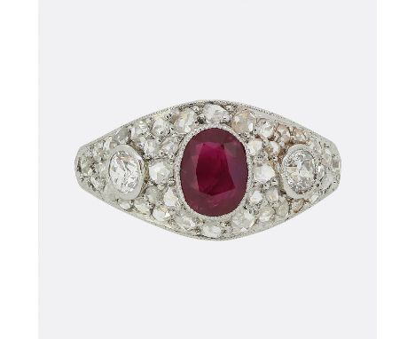 Art Deco Ruby and Diamond Three-Stone Ring Weight:Â&nbsp;3.5 grams Ring Size:Â&nbsp;L (52) Ruby Dimensions:Â&nbsp;1 (6mm x 4.