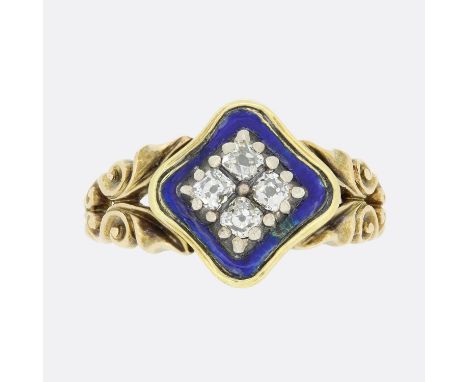 Early Victorian Blue Enamel and Diamond Ring.         Weight:Â&nbsp;5.8 grams UK Ring Size:Â&nbsp;M (53) Diamonds:Â&nbsp;Appr