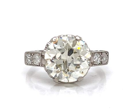 Art Deco Platinum HRD Certified 4.45 Ct. Diamond Ring Weighing 4.9 grams Set with a 4.45 Ct. HRD Certified Round Diamond L Co