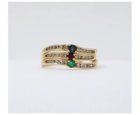 Vintage Trio Stacking Solitaire Emerald Sapphire Ruby 18K Yellow Gold Rings     Stones: Blue Sapphire ( approx. 0.15 carat) E
