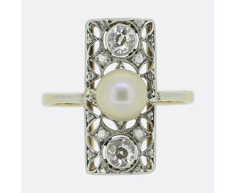 Edwardian Natural Pearl and Diamond Plaque Ring Weight:Â&nbsp;2.6 grams Ring Size:Â&nbsp;N (54) Pearl:Â&nbsp;6.4mm Principal 