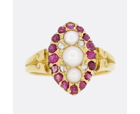 Victorian Pearl Ruby and Diamond Navette Ring.           Weight:Â&nbsp;3.6 grams Ring Size:Â&nbsp;M 1/2 (53) Face Dimensions: