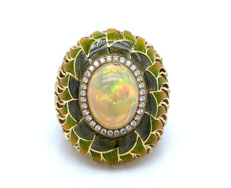 Opal &amp; Diamond Cocktail Ring.             Weighing 19.8 grams Set with a 4.53 Ct. Opal Along with 0.42 Ct. of Diamonds D-