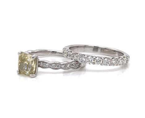 14K White Gold GIA Certified Fancy Diamond Ring w/ Anniversary Band.     Weighing 5.8 grams Set with a GIA Certified 1.59 Ct.